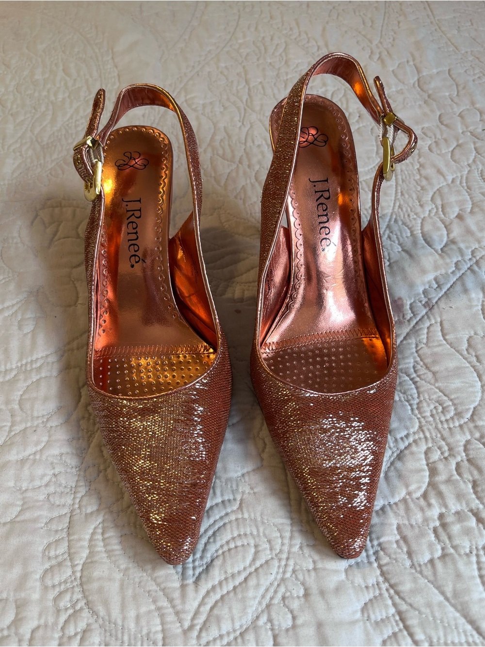 J.Renee Rose Gold Glitter Slingback Pointed Toe Heels